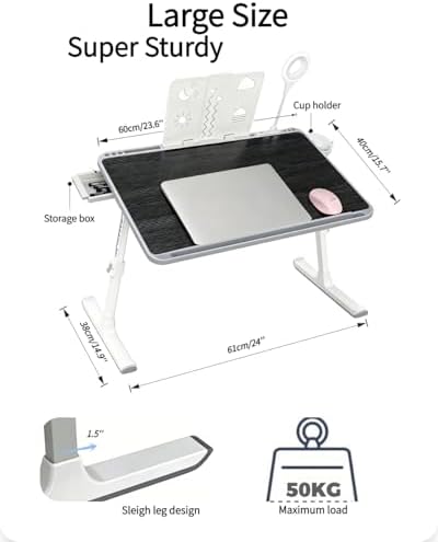 Foldable and Adjustable admireshun Laptop Bed Table with Hidden Drawer, Cup Holder, USB Voice-Controlled Night Light, Black, 23.6"x15.7", Suitable for Working, Gaming, and Other uses on Bed and Sofa - Image 2