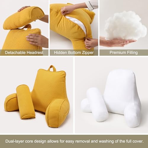 Reading Pillow for Sitting Up in Bed, Backrest Cushion with Arms, Corduroy Support Pillow with Side Pockets & Washable Cover, for Watching TV Sofa Couch Relax, Bright Yellow - Image 6