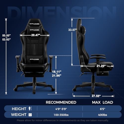 GTPLAYER Gaming Chair with Speakers, Video Game Chairs with Footrest for Adults, Ergonomic Computer PC Gamer Reclining Chair(Dark-Black) - Image 2