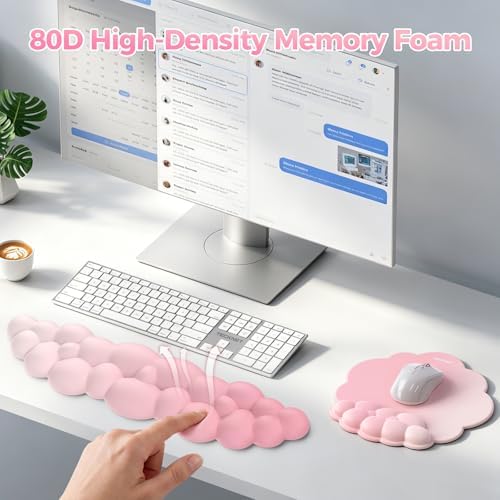 TECKNET Cloud Wrist Rest & Ergonomic Mouse Pad, Cloud Keyboard Wrist Rest with Non-Slip Base, PU Leather Memory Foam Wrist Pad for Keyboard and Mouse, Pain Relief for Typing, Gaming, Pink - Image 4