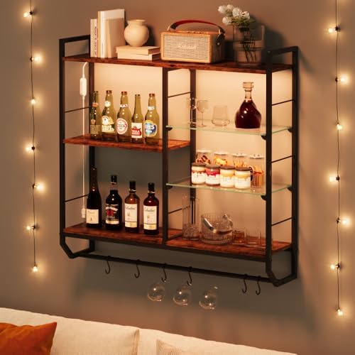 EYCOAL Gaming Floating Shelves, Wall Mounted Wooden Decor Display Shelf with 34" LED Lights and Adjustable Glass Bar Wine Shelf, Extra Hanging Hooks Storage for Gaming Room and Living Room - Image 4