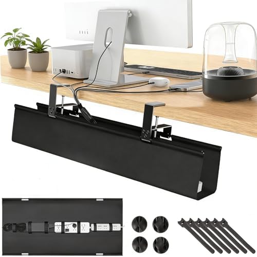 No Drill Under Desk Cable Management Tray, 28" Fabric Cord Hider for Wire Organizer, Clamp/Screw Mount Desk Cable Management, Cable Raceways Tray Cord Hiders for Office/Home by FTKINGDER