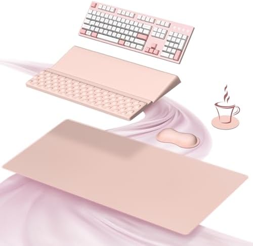 Ospelelf Keyboard Stand Wrist Rest Pad and Ergonomic Mouse Pad Set with Large Mousepad Desk Mat, Memory Foam Comfort, Premium Office Desk Accessories for Pain Relief and Efficiency, Pink by OspelelfOfficeSupplies