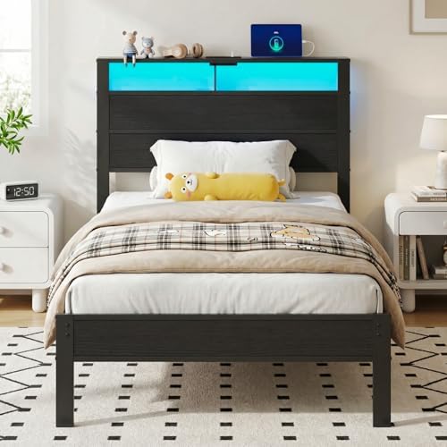 Black Twin Bed Frame with LED Lights and USB Charging Station, Modern Metal Platform Bed with Storage Headboard and Under-Bed Space, Noise Free, Sturdy Frame, No Box Spring Needed, Easy Assembly by LIIANS
