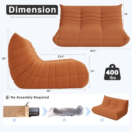 WHGBJA Loveseat Bean Bag Chair for Adults, Comfy Beanbag with Memory Foam | Floor Sofa Chair for Gaming, Reading, Bedroom, Living Room, Boneless, Ergonomic - Image 2