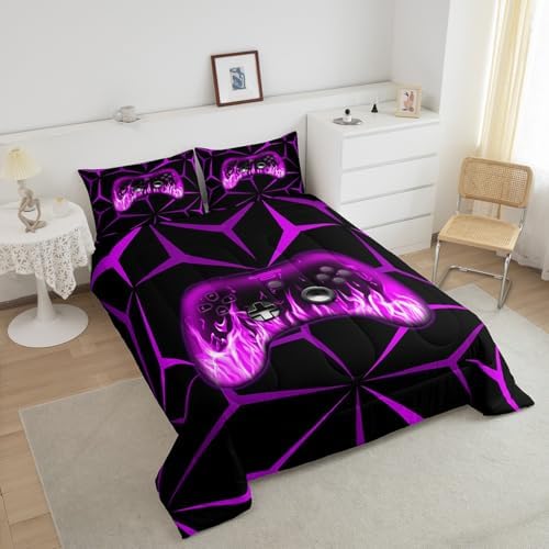 Feelyou Kids Boys Gamer Comforter Set,3D Gaming Bedding Set King Size,Teens Boys Bedroom Room Decor,Purple and Black Video Game Comforter,Gaming Bed Set All Season for Game Lovers - Image 3