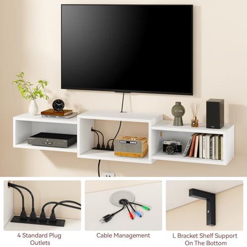 IBUYKE Floating TV Stand Wall Mounted with Power Outlet,Modern Wood Wall Mounted Media Console Shelf,Floating Entertainment Center for Under TV Storage for Living Room Bedroom Office,White WST001W - Image 5