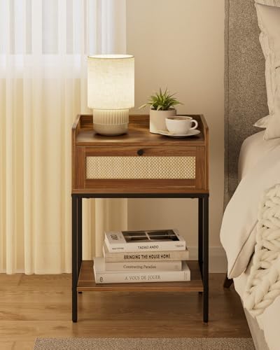 Masupu Rattan Nightstand,3-Tier Modern Bedside Night Stand with Storage Drawer and Shelf,Small End Side Table for Bedroom,Living Room,Walnut Brown (Without Outlet, Brown) by Masupu