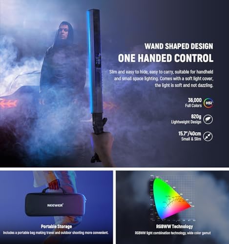 NEEWER RGB2 LED Tube Light Stick with Metal Barndoor, Handle, Touch Bar/APP/2.4G Control, Rechargeable Magnetic Handheld RGB Video Light, 2500K-10000K CRI98+ Dimmable Photography Lighting, 18 Scenes - Image 2