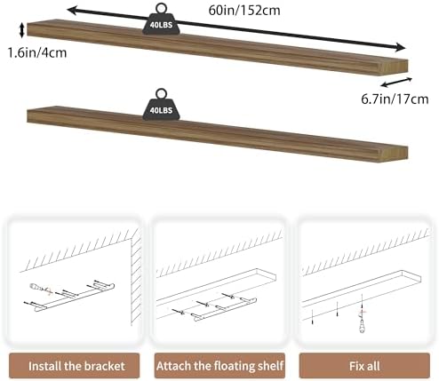 60 inch Long Floating Shelves for Wall,Solid Wood Long Shelves Set of 2,Brown Rustic Mounted Shelves for Bathroom Bedroom Home Office (Brown, 60 Inch) - Image 2