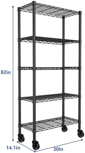 REGILLER 5-Wire Shelving Metal Storage Rack Adjustable Shelves,Standing Storage Shelf Units for Laundry Bathroom Kitchen Pantry Closet(Black,14.1" D x 30" W x 82" H,With Wheels) - Image 3