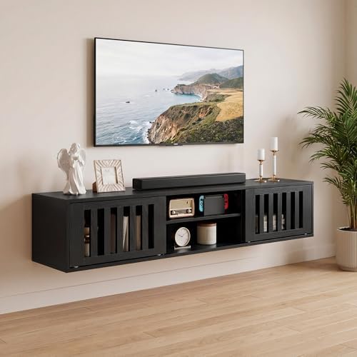 59" Floating TV Stand Wall Mounted with Power Outlet, Black by LANDASSYHOME