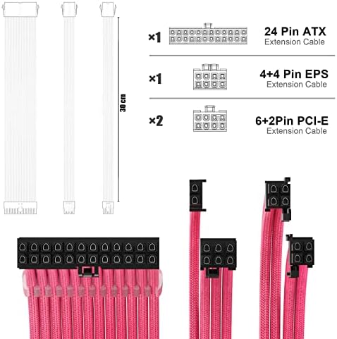 PSU Extension Kit With Cable Combs - 24Pin/8Pin EPS/8Pin PCI-E, 30CM Length, Sleeved for ATX Power Supply (Pink) - Image 3
