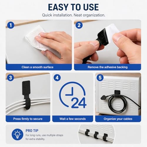 80 PCS Cable Organizer, Cord Organizer for Desk, Wire Holders for Cords with Adhesive Backing, Reusable Velcro Cable Management Straps, Under Desk Cable Management for Home Office and Gaming Setup - Image 5