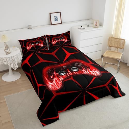 Feelyou Boys Gamer Comforter Set,3D Gaming Bedding Set Full Size for Kids Boys Bedroom Room Decor,Red and Black Video Game Comforter,Geometric Gaming Bed Set All Season for Game Lovers - Image 3