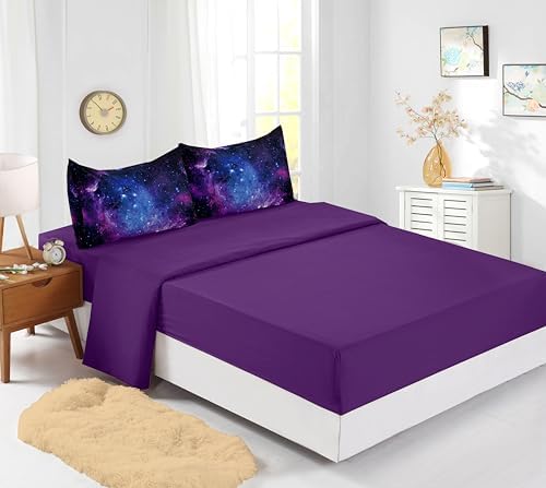 Galaxy Comforter Sets Twin 7PCS,Purple Comforter Set,Girls Bed Sets,Bed in a Bag with Flat Sheet and Fitted Sheet,Pillowcases,Cushion Covers for Girls,Purple Galaxy Twin Bedding Sets - Image 2