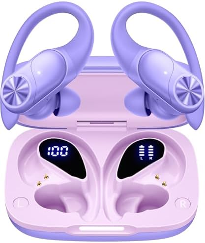 PocBuds Bluetooth Headphones Wireless Earbuds 80hrs Playtime Wireless Charging Case Digital Display Sports Ear buds with Earhook Deep Bass IPX7 Waterproof Over-Ear Earphones for TV Phone Laptop Purple by PocBuds