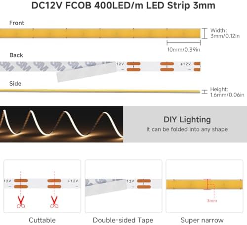 BTF-LIGHTING 3mm Width Ultra Thin COB LED Strip Light Warm White 3000K - Image 5