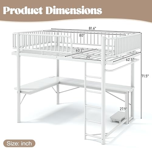 Bellemave Queen Metal Loft Bed with L-Shaped Desk,LED Lights and Charging Station,Heavy Duty Loft Bed Frame with Hanging Rod & CPU Tray for Kids Teens Adults,Space-Saving,White - Image 2