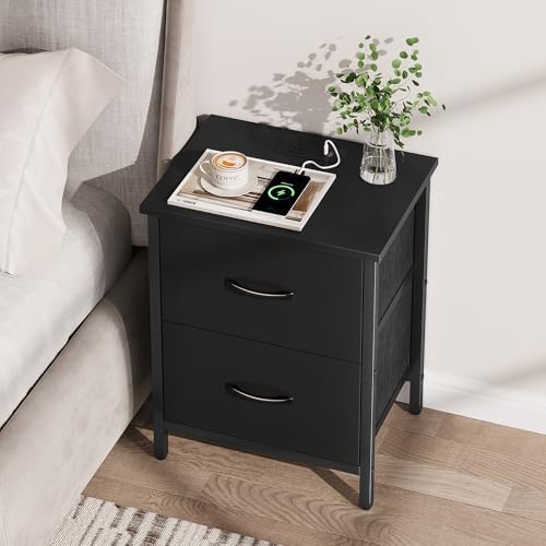 Vagusicc Nightstand with Charging Station, Bedside Table with USB Ports and Outlet, End Table Side Table with 2 Fabric Drawers for Bedroom, Living Room, Black - Image 6