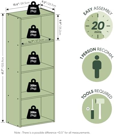 Furinno LUDER 4-Tier Book Shelf, Open Shelves Bookshelf, Green/White - Image 3