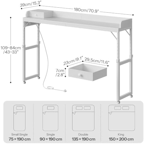 HOOBRO Overbed Table with Wheels, Rolling Table with Outlets & Light Strip for Queen Bed, Mobile Bed Desk & Drawer and Adjustable Height, Giant Computer Desk for Living Room, White WW180UDDN01 - Image 2