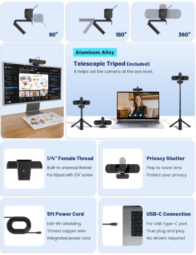 Pro QHD 2K/60fps Webcam with Tripod, External USB-C Camera for PC/Laptop - Image 3