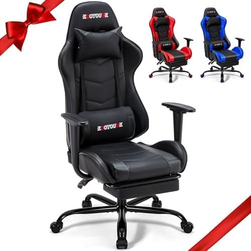 ECOTOUGE Black Ergonomic PC Massage Gaming Chair with Footrest | Reclining Racing PU Leather, Swivel Rocker, Headrest, Lumbar Pillow, Office Desk Chair, Adjustable Height, Sturdy Base by ECOTOUGE
