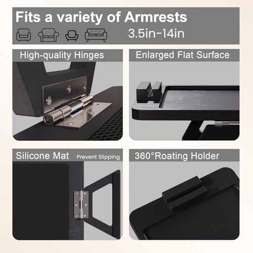 Couch Arm Tray with 360°Phone,Bamboo Folding Sofa Tray,Sofa Armrest Trays Clip-On Couch Desk for Drinks,Snacks,Phone,Remote Control（Black） - Image 5