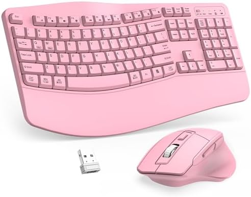 Wireless Keyboard and Mouse Combo, 2.4G Full Size Wave Keys Ergonomic Keyboard with Wrist Rest and 3-Level DPI Adjustable Wireless Ergonomic Mouse for Windows, Mac OS Desktop/Laptop/PC(Pink) by Unknown