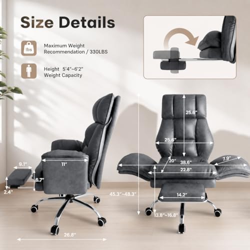 Big and Tall Office Chair with Footrest & Flip Armrests | Teddy Fleece Ergonomic Desk Chair, for Pets & Cross-Legged Sitting, Wide Seat Reclining Executive Computer Chair, Pink - Image 2