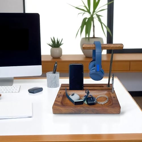 Multi-Device Headphone Stand, Acacia Wood Tech Organizer with Storage Tray - Image 2