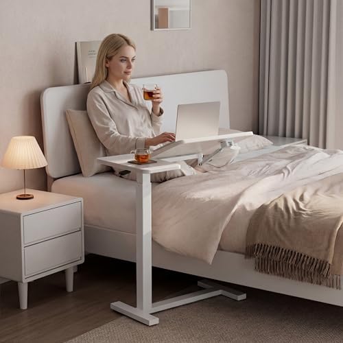 Solid Wood Overbed Bedside Table with Wheels, Tilting Adjustable Hospital Bed Table Over The Bed, Medical Mobile Laptop Stand, Rolling Standing Desk for Hospital and Home Use(White) - Image 3
