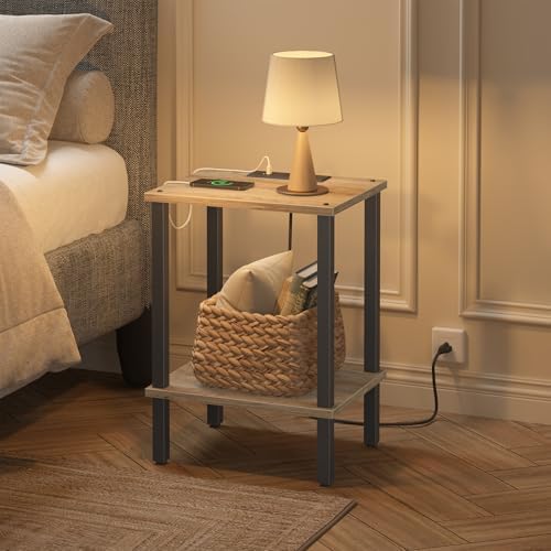 TUTOTAK End Table with Charging Station, Small Side Table with Outlets, Nightstand Bedside Table, 2-Tier Storage Shelf for Small Space, Living Room, Bedroom, Greige TB01BG040 - Image 5