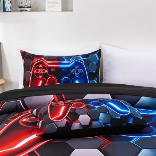 NTBED Twin 3 Pieces Game Comforter Set for Boys Girls Kids Gaming Lightweight Microfiber Gamer Bedding Sets Red Blue - Image 3