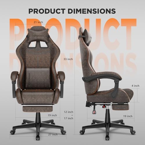 Ferghana Vintage PU Leather Gaming Chair, Ergonomic Gamer Chair with Massage, High Back Computer Office Chair with Footrest for Adults, Racing Style Reclining Video Game Chair (Brown) - Image 3