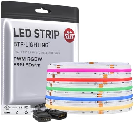 BTF-LIGHTING FCOB COB LED Strip Light,UL Listed RGBW 3000K 896LED/m High Density LED Tape Light,16.4FT DC24V 12mm Width Color Changing Light for Bedroom Home Indoor DIY Decor(No Adapter or Controller) by BTF-LIGHTING