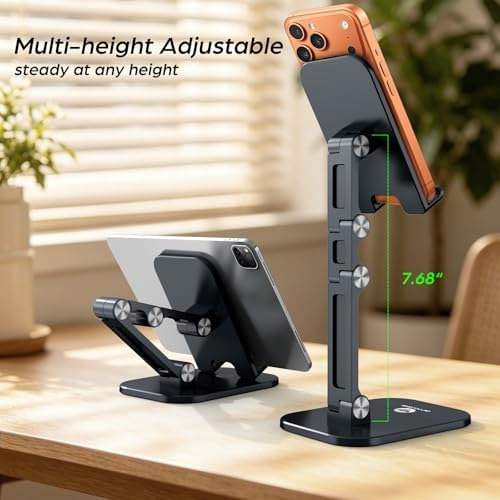 OCYCLONE Phone Stand, Foldable Cell Phone Stand Holder for Desk Office Accessories Adjustable Height and Angle iPhone Stand - Black - Image 4