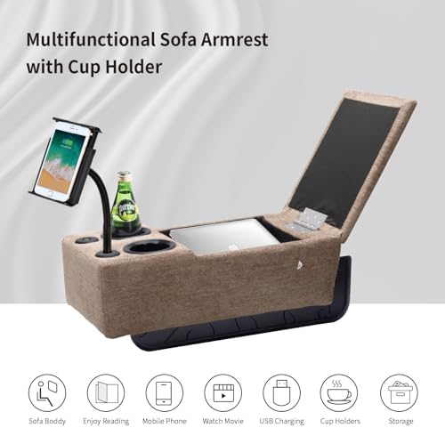 Removable Sofa Armrest with Cup Holder, PU Leather Multifunctional Couch Caddy Storage Arm Rest with Power Wireless Charging Stand & LED Reading Light for Sofa Middle Seat Adjustable - Image 5