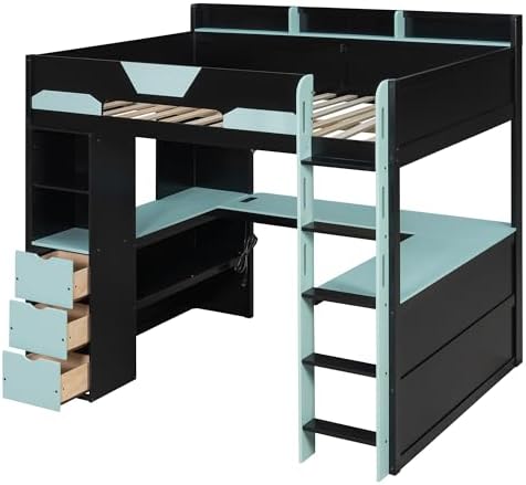 Merax Full Size Wood Gaming Loft Bed with U-Shaped Desk, Lights & USB Ports - Image 7