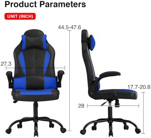 BestOffice | Gaming Chair | Blue | PU Leather | with Lumbar Support | Ergonomic Racing Style Desk Chair with Recline, Padded Armrests, Headrest, Swivel & Caster Wheels | for Gamers, Home, Office - Image 3