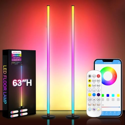 LED Floor Lamp, 63-Inch RGB Corner Light with Music Sync, Smart App Control, 16 Million Colors, Remote Control for Living Room, Bedroom, Gaming Room (2 Pack) by Halucky