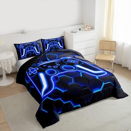 Erosebridal Gaming Comforter Set Neon Honeycomb Gamer Girl Toddler Bedding Set, Retro Game Console Comforter Blue Hexagon Lights Quilt,Gamer Room Decor for Boys - Image 2