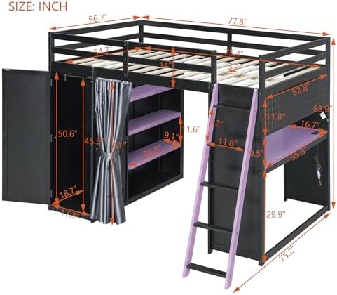 Merax Full Size Loft Bed with Desk and 6 Storage Shelves, Wardrobe, Blackout Curtain, Solid Wood Gaming Loft Bed Frame with USB Port & RGB Lights, No Box Spring Needed, Space-Saving, Black+Purple - Image 2