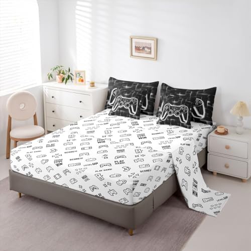 Feelyou Kids Gamer King Comforter Set with Sheets 7 Piece Grey and Black Bedding Set for Boys Teens Decor Gaming Ombre Bed in a Bag Geometric Square Bed Set - Image 4