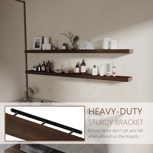 60 inch Long Floating Shelves for Wall,Solid Wood Long Shelves Set of 2,Walnut Rustic Mounted Shelves for Bathroom Bedroom Laundry Room (Walnut, 60 Inch) - Image 5