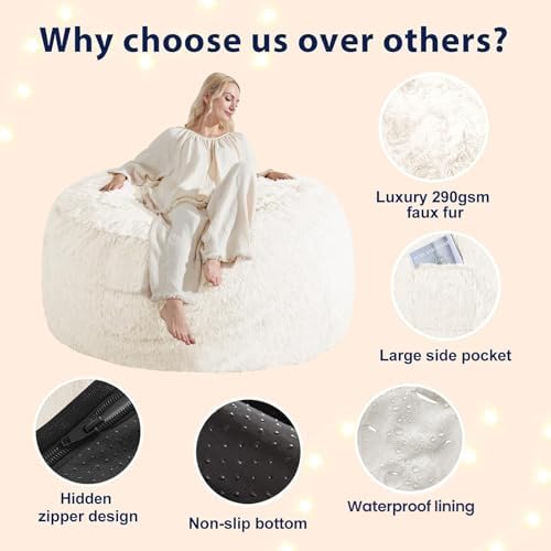 Bean Bag Cover (No Filler) - Faux Fur Beanbag Chairs Covers Only, Stuffed Animal Storage Bean Bag for Adults, Oversized Washable Beanbag Cover Without Filling, 6FT, White - Image 5