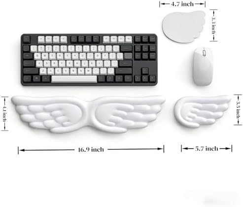 Angel Wing Wrist Rest Ergonomic Memory Foam Wrist Rest for Computer Keyboard Mouse Set with Cup Mat, Cute Gaming Keyboard Cushion Hand Support PU Leather Surface Anti-Slip Waterproof（White） - Image 7