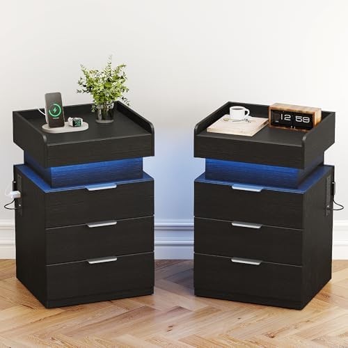 Turosur Night Stand Set 2 with Gun Drawer, LED Nightstand with Charging Station, Wood Bedside Table with 3 Drawers and Hidden Storage for Bedroom, Black by Turosur
