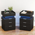 Turosur Night Stand Set 2 with Gun Drawer, LED Nightstand with Charging Station, Wood Bedside Table with 3 Drawers and Hidden Storage for Bedroom, Black by Turosur